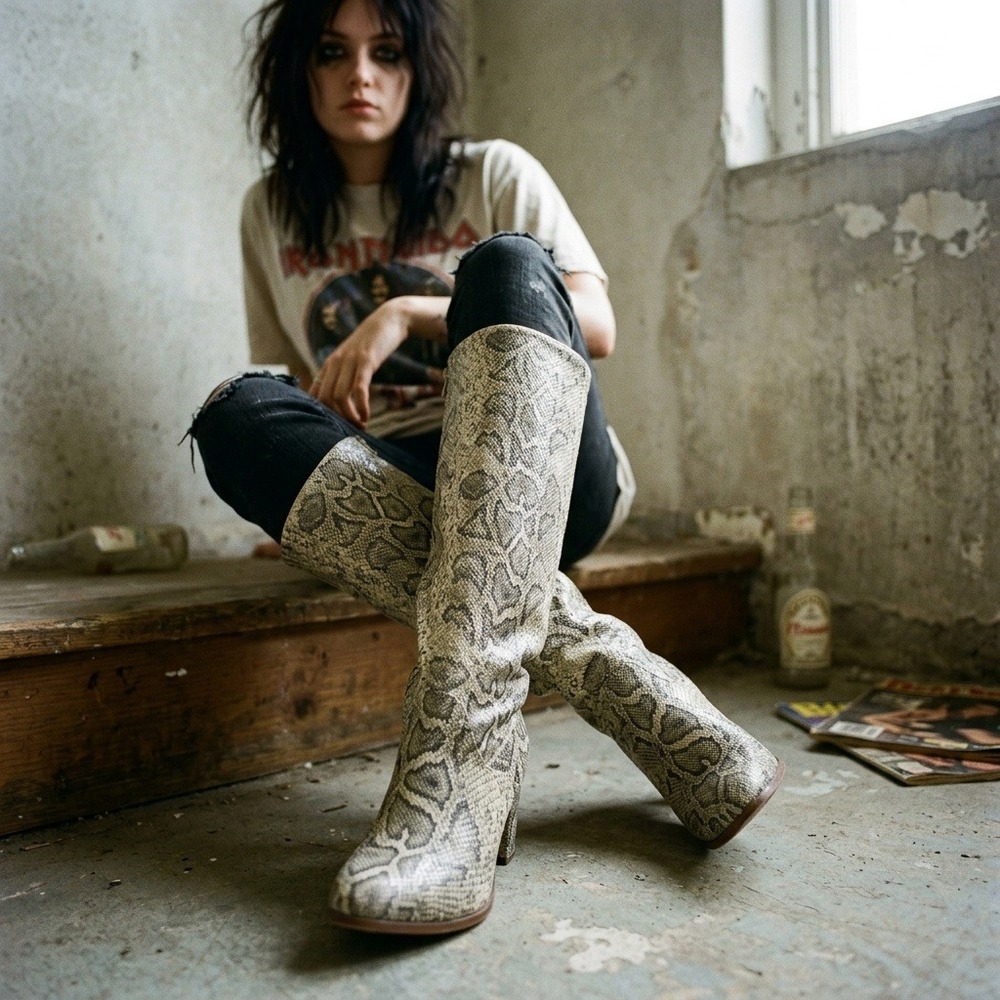 Express Snakeskin Knee High Boots 6 Indie Sleaze Mob Wife Western‎ Boho Chunky